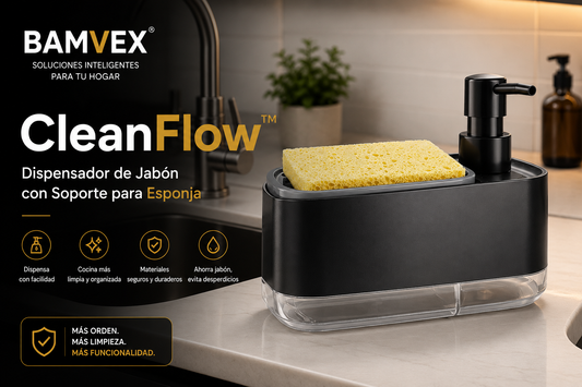 CleanFlow™ | Dispensador de Jabón con Soporte para Esponja