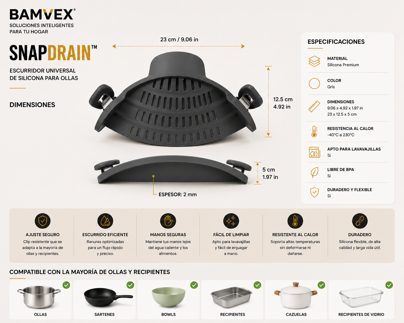 SnapDrain™ | Escurridor Universal de Silicona para Ollas