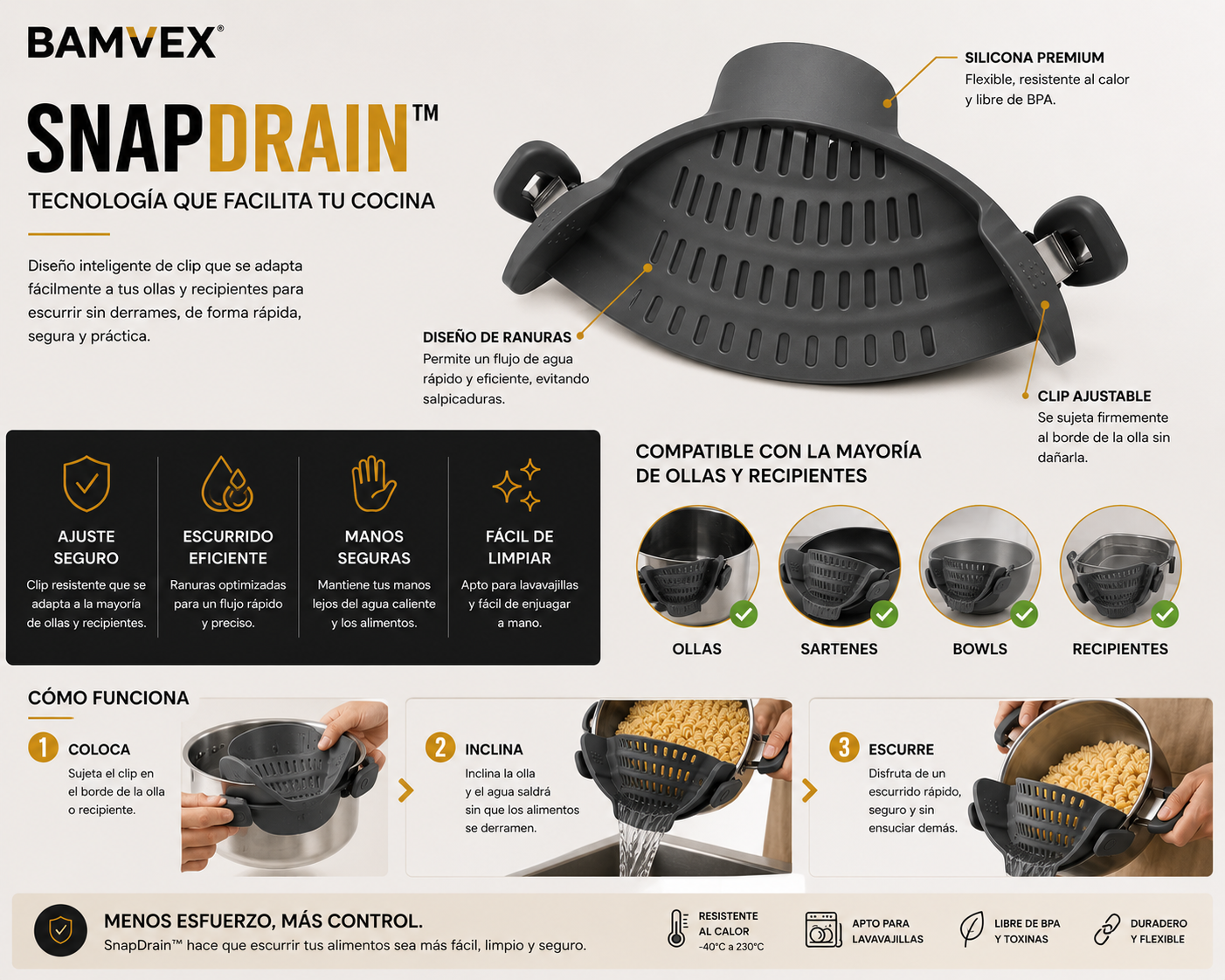 SnapDrain™ | Escurridor Universal de Silicona para Ollas