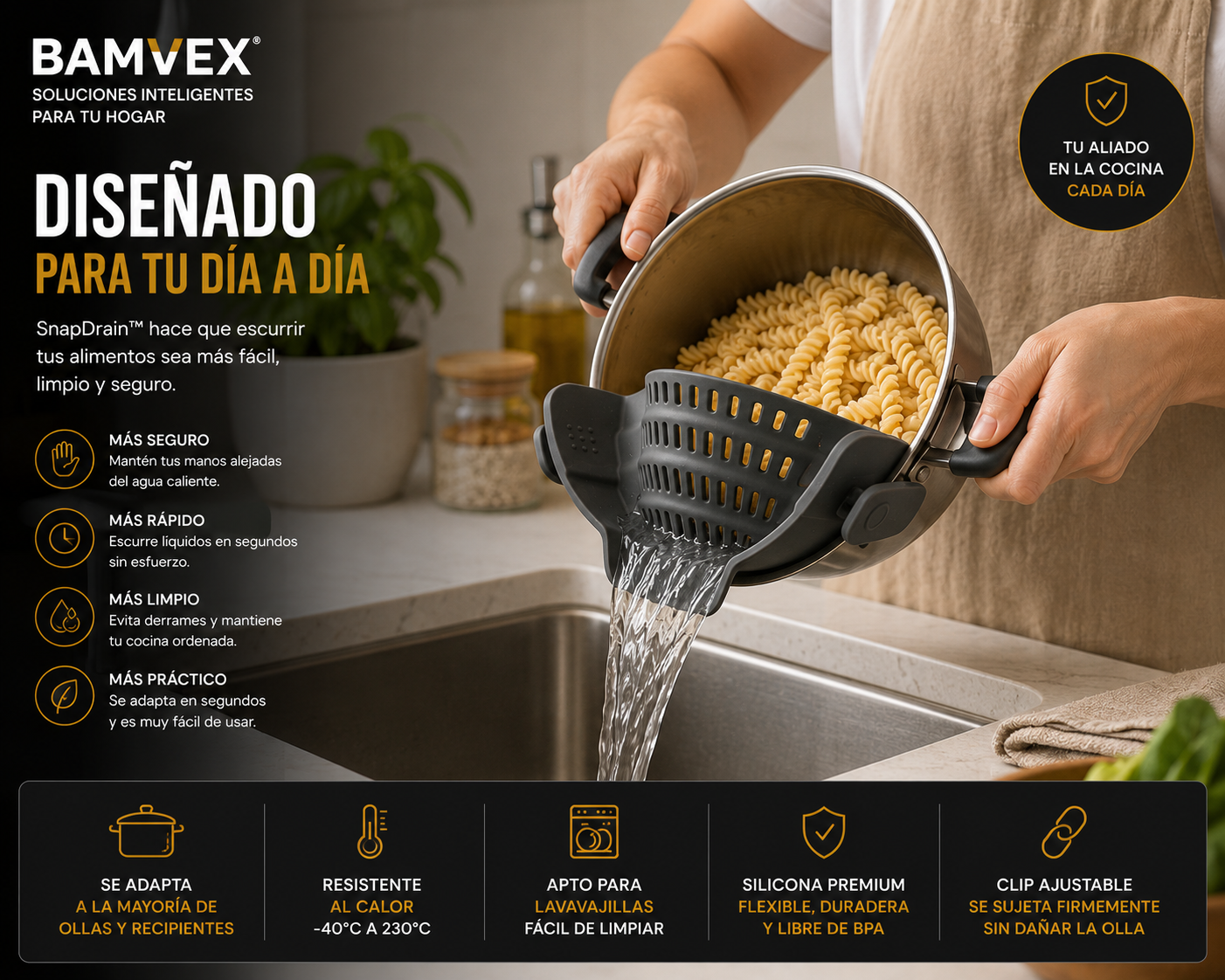 SnapDrain™ | Escurridor Universal de Silicona para Ollas