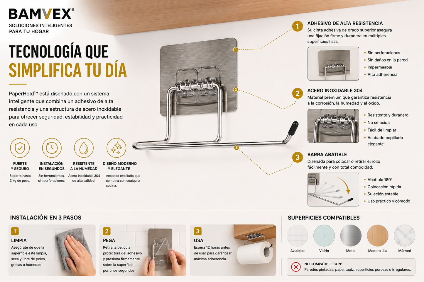 PaperHold™ | Soporte Autoadhesivo para Rollos de Cocina