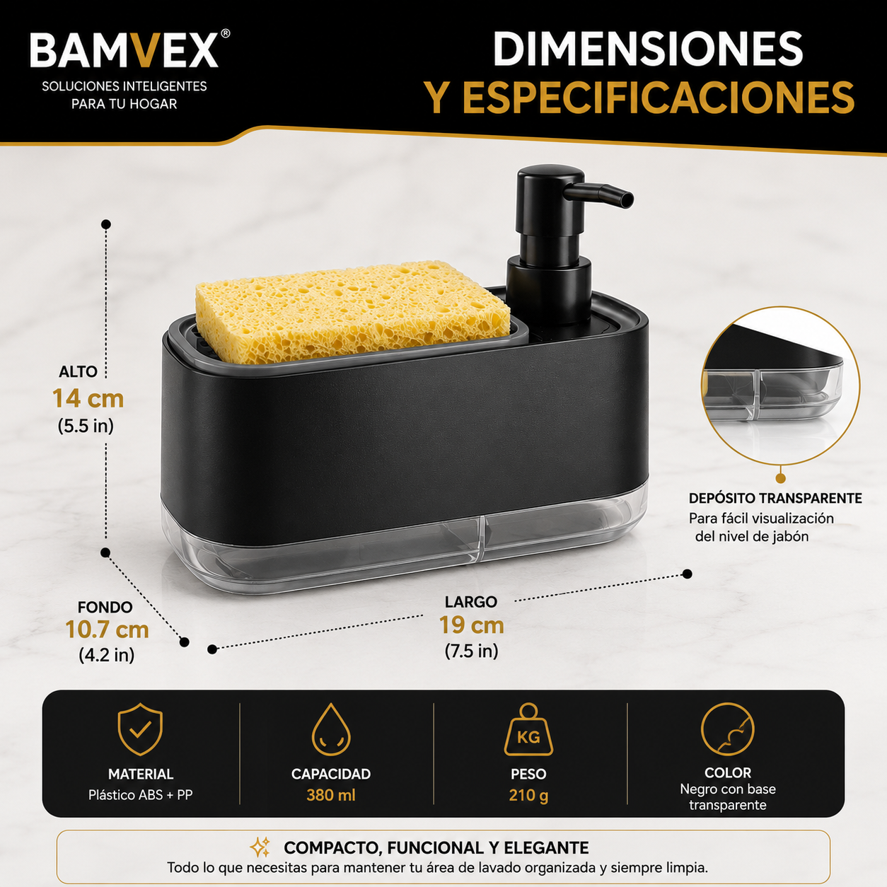 CleanFlow™ | Dispensador de Jabón con Soporte para Esponja