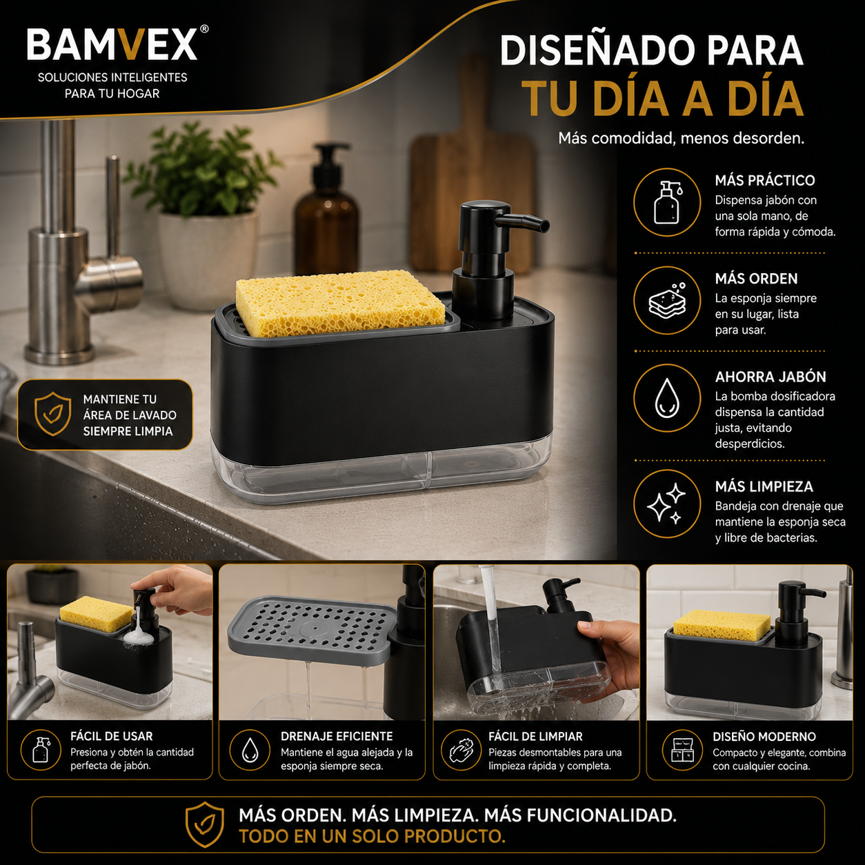 CleanFlow™ | Dispensador de Jabón con Soporte para Esponja