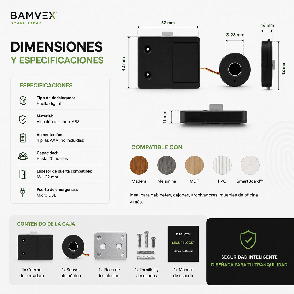 BAMVEX SecureLock™ /Cerradura Biométrica Inteligente para Gabinetes y Cajones