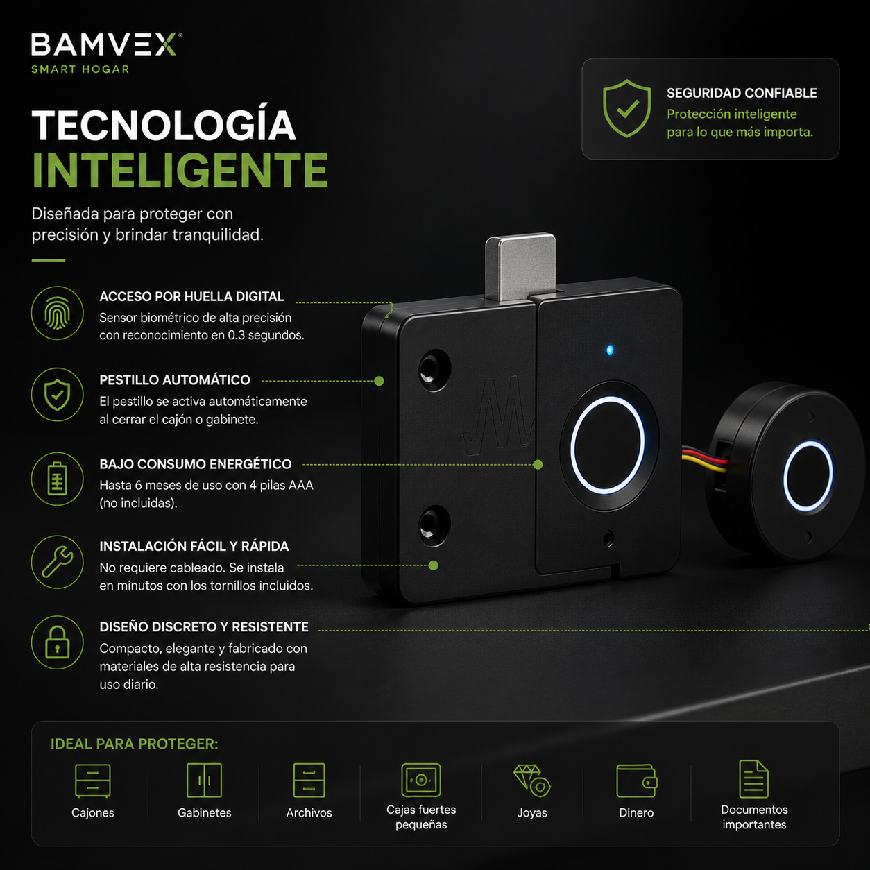 BAMVEX SecureLock™ /Cerradura Biométrica Inteligente para Gabinetes y Cajones