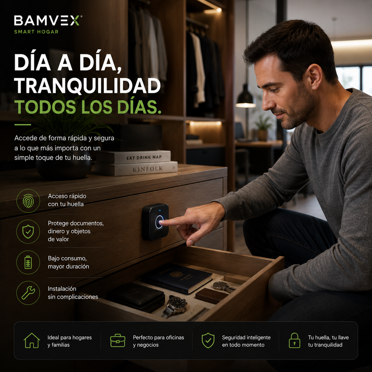BAMVEX SecureLock™ /Cerradura Biométrica Inteligente para Gabinetes y Cajones